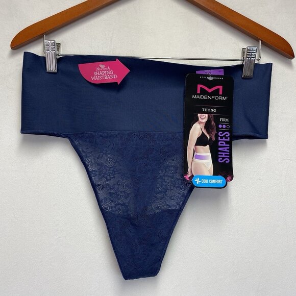MAIDENFORM Women's Tame Your Tummy Lace Thong Panties 2XL Navy New - Picture 1 of 16